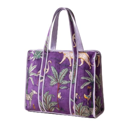 Image of 100% Cotton Jungle Print Shoulder Bag Tote Bag Women Reversible Shopping Bag and Grocery Bags Stylish Travel Bag Gift for Her