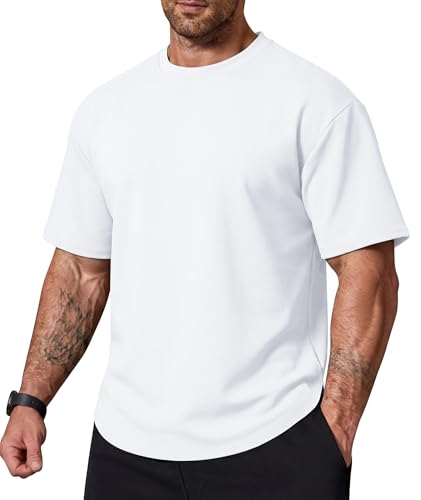 Elainone Herren T-Shirt Rundhals Kurzarm Basic Shirt mit Abgerundetem Saum und Seitenschlitzen Stretch Oberteile für Alltag Arbeit Weiß XL