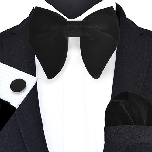 Image of GUSLESON Mens Solid Plaid Velvet Pre-tied Adjustable Bow Tie and Pocket Square Cufflink Set with Gift Box
