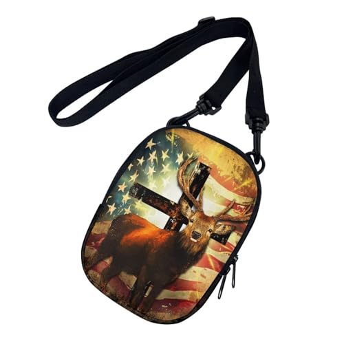 Suobstales Deer Cross American Flag Print Shoulder Bag Handbag Lightweight Cross Body Bag for Women Easter Small Cell Phone Crossbody Bag with Adjustable Strap