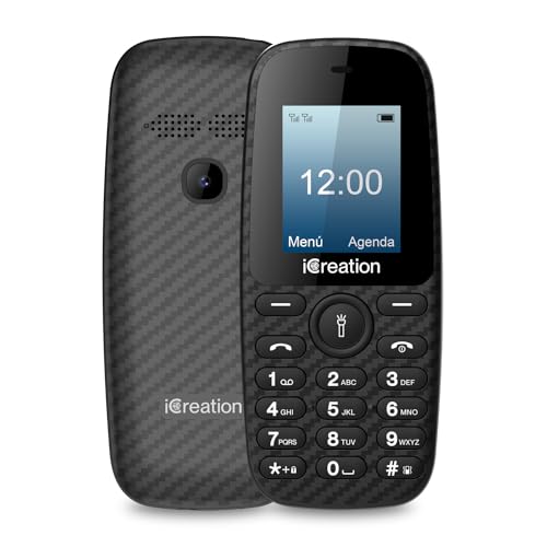 iCreation C10 - Teléfono móvil básico Negro con Pantalla de 1,8”, batería 800mAh, tamaño Compacto y Ligero (73g), Muy fácil de Usar, vibración, Bluetooth y Dual SIM