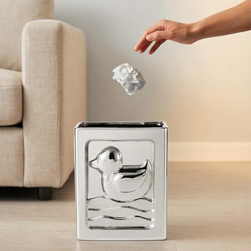 Image of Duck Trash Can, Ceramic Waste Basket Modern Small Garbage Can for Kitchen, Bathroom, Bedroom, Office, Storage Bin with Embossed Duck Decor (Silver-7L /1.85Gallon)