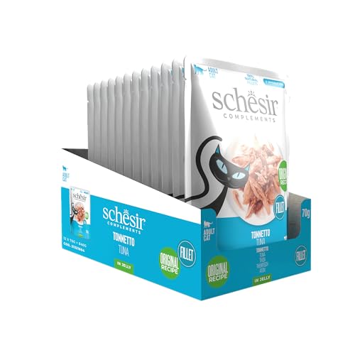 Schesir, Thunfischfilets in Gelee, ergänzendes Nassfutter für Katzen, Originalrezept, 100% natürlich, 12 Beutel à 70 g