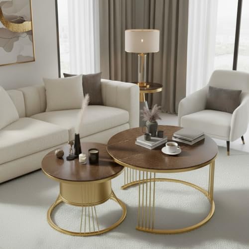 Image of Round Coffee Table Set of 2 for Living Room Wooden Top with Gold Metal Frame Modern Nesting Center Table for Sofa Area Home & Office Furniture (Golden Brown)