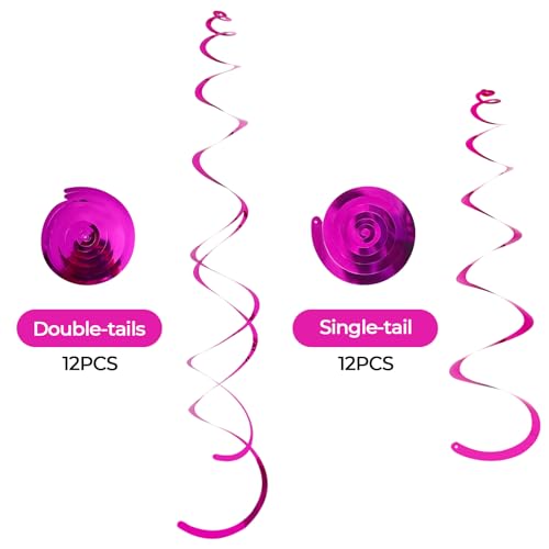 Image of 24 PCS Hot Pink Hanging Swirl,Fuschia Sparkle Ceiling Hanging Decorations, Plastic Streamer Party Decorations with Double-Swirls and Single-Swirls for Birthday Decorations,Hawaii,Summer