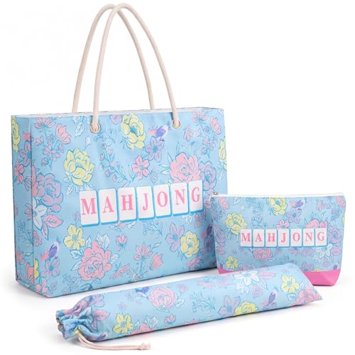 Soulchen 3 Pcs Empty Mahjong Bag Set for Tiles and Racks, Blue Floral