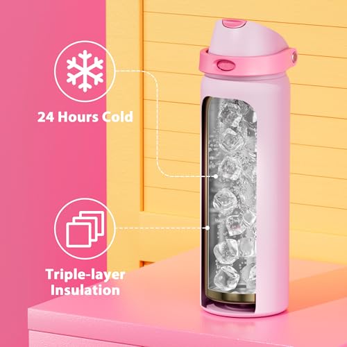 Image of 32 oz Insulated Water Bottle for Sports: Meoky Stainless Steel Water Bottle with 2-in-1 Straw and Spout Lid - Leak Proof, Cold for 24 Hours, Protective Silicone Base, BPA-Free for Women Gym, Blush
