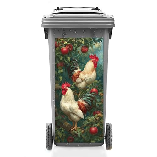 Image of 14.6x32.3 Inch Trash Can Cover Trash Can Stickers Garbage Can Decoration - Roosters on Apple Tree Design for Outdoor Trash bin Decor