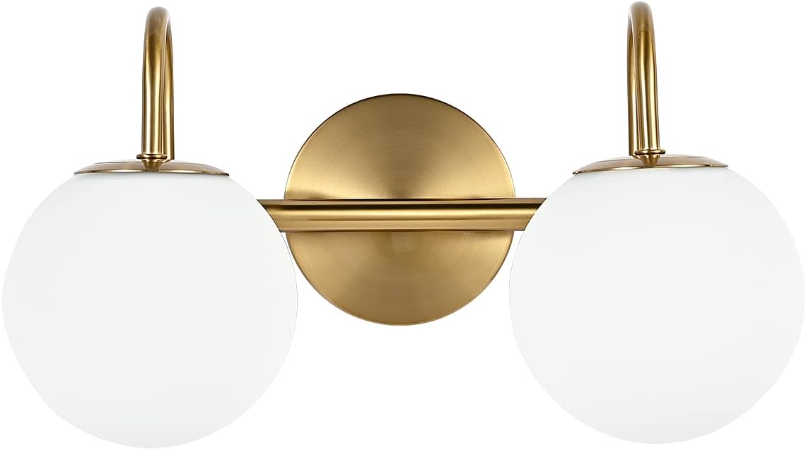 Modern Bathroom Vanity Light Fixtures 2 Lights Brushed Brass Milk White Globe Glass Shade Modern Wall Bar Sconce Lighting Bath Vanity Lights Over Mirror (Exclude G9 Bulb)