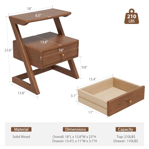 Image of Solid Wood nightstands Set of 2 with Open Shelf and Drawers, Z Wooden Set of 2 nightstands with Open Storage, Bedside Table Set of 2 for Bedroom, Modern Mid Century end Table.
