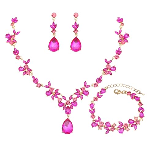 Wedding Jewelry Set for Women Bridal Floral Necklace Dangle Earrings Bracelet Set Crystal Prom Party Costume Accessories for Bride #0015