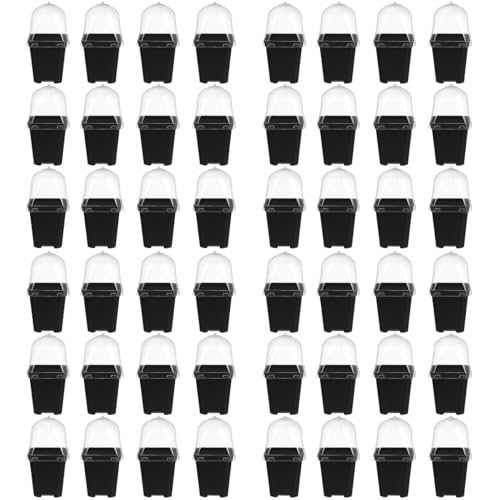 Amosfun 育苗ポット ミニ 育苗鉢 苗ポット プラスチック鉢 塊根植物鉢 透明蓋付き 穴付き 48個セット 小型 植木鉢 ミニプラ鉢 ガーデニングポット 育苗箱 多肉植物鉢 園芸用品 黒