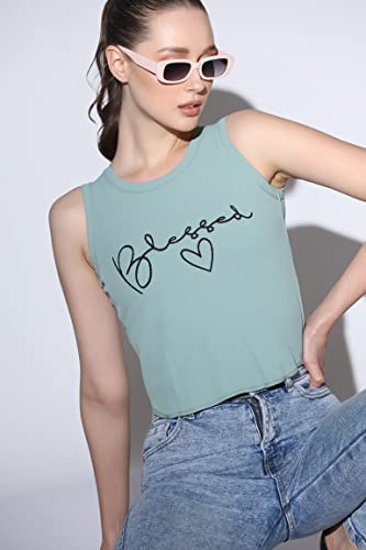 Image of OM SAI LATEST CREATION Crop Tops for Women || Ribbed Solid Chest Printed Crop Top for Girls || Text & Hart Print with Round Neck & Sleeveless Crop Top for Women || Tank Top.