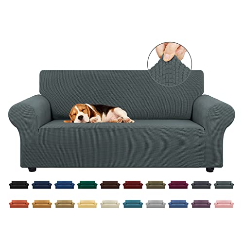 KEKUOU Stretch Loveseat Sofa Cover Slipcover,Couch Covers for 2 Cushion Couch Sofa (55"-78") Furniture Protector Sofa with Elastic Bottom for Kids,Dog. Jacquard Small Checked (Medium,Grey)