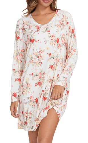 Image of Kabento 2 Pack Long Sleeve Nightgowns for Women Soft Cotton Night Gowns Sleepwear V Neck Nightshirts