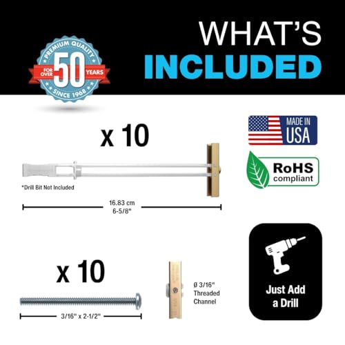 Image of TOGGLER SNAPTOGGLE BA Toggle Anchor with Bolts, Zinc-Plated Steel Channel, Made in US, 3 /8 inch to 3-5 /8 inch Grip Range, for 3 /16 inch-24 UNC Fastener Size (Pack of 30)