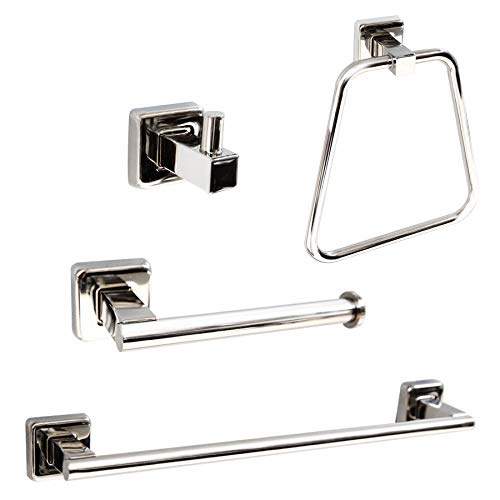 4-Pieces Stainless Steel Bathroom Hardware Set - Includes 16 Hand Towel Bar, Toilet Paper Holder, Towel Ring, Robe Towel Hooks Wall Mounted