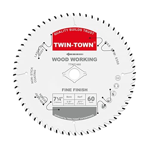 TWIN-TOWN 7-1/4-Inch Saw Blade, 60 Teeth,General Purpose for Soft Wood, Hard Wood, Chipboard & Plywood, 5/8-Inch DMK Arbor