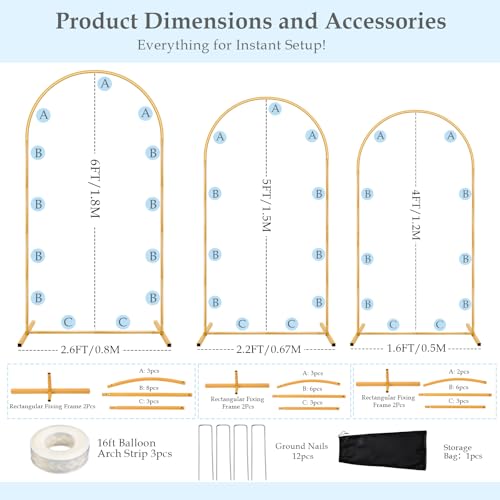 Wedding Arch Backdrop Stand, 6FT, 5FT, 4FT Set of 3 Metal Gold Balloon Arch kit Stand for Ceremony Baby Shower Birthday Bridal Party Event Background Decoration, Garden Climbing Plant Fram by Antizz - Image 3
