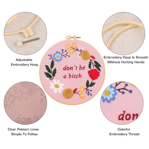 Image of Nuberlic Funny Embroidery Kits for Beginners, DIY Cross Stitch Starter Kit for Adults Including Cloth with Pattern, Hoop, Needles Instruction and Threads