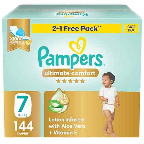 Pampers Ultimate Comfort Premium Taped Diapers 15+kg Size 7 Box 144 Count | Lotion with Aloe Vera + Vitamin E, x1000 Leak Locks for Leakage Protection, Wetness Indicator, Dermatologically Accredited