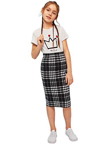Romwe Girl s Plaid Knee Length Skirts Mid Waist Stretchy Pencil Midi Skirts Black and White 10Y