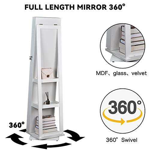 Bostana Jewelry Armoire 65" H,Full Length Mirror 360° Swivel, Storage Shelves, Lockable Standing Jewelry Cabinet Organizer With Large Storage Capacity,Living Room,Bedroom(White) #TOP4