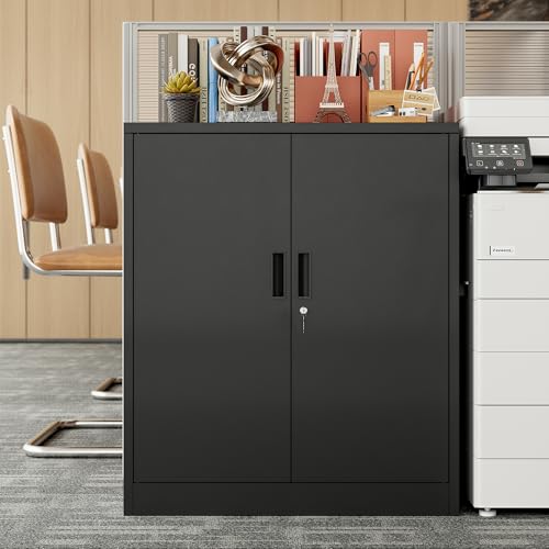 Image of BESFUR Metal Storage Cabinet 36 inch H, Garage Storage Cabinet with 2 Lockable Doors and 2 Adjustable Shelves, Garage Cabinet for Home Office, Garage,School, Warehouse, Utility Room,White