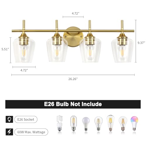 Image of foucasal Bathroom Light Fixtures 4-Light Gold Bathroom Vanity Light with Clear Glass Shade, Modern Wall Lights for Bedroom Hallway Living Room (Gold, 4-Light)