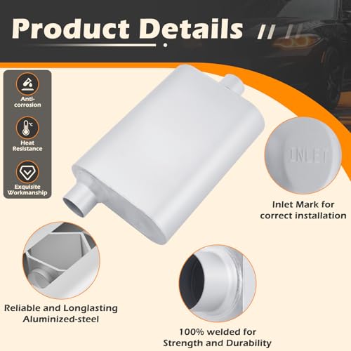 Image of A-KARCK Universal Exhaust Muffler 2 inch Offset Inlet 2 inch Dual Outlet, 17.3 inch Overall Length Aluminized Steel Aggressive Sound Race Muffler for Cars, Trucks