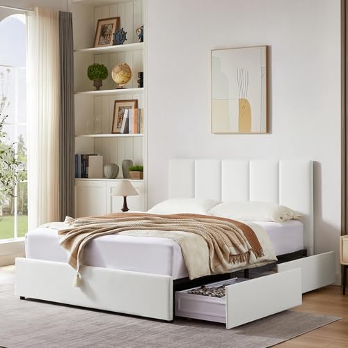 VELOCAVA Full Size Upholstered Bed with 4 Storage Drawers, Modern