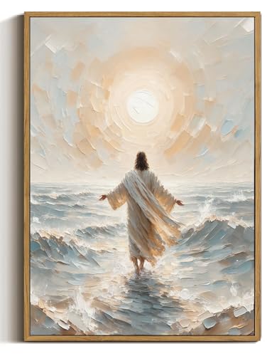 ZZTCYSU Jesus Canvas Wall Art Christian Framed Wall Art Jesus Walking on Water Back Modern Bible Print Religious Faith Artwork Decor for Living Room Bedroom Church 12"x16" Framed