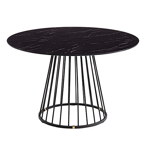 LOLAhome Mesa de sala de jantar marmolizada com hastes de aço e vidro preto de Ø 120 x 75 cm