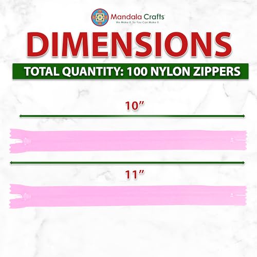 Image of Mandala Crafts 100 PCs Pink Closed-End 10 Inches Nylon Zippers for Sewing