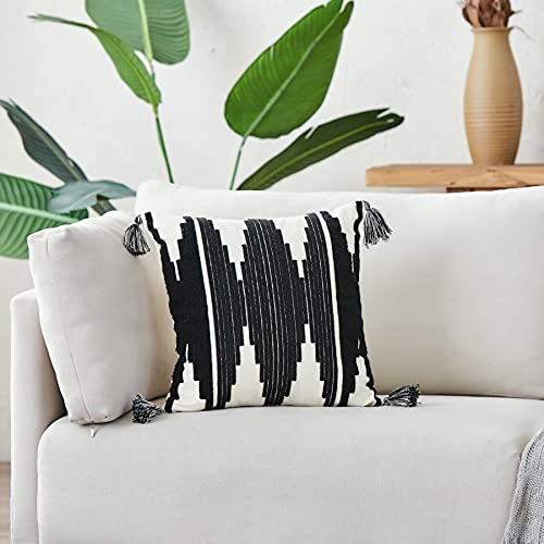 Boho Cream And Black Decorative Wave Triangle Geometric Tufted Throw Pillow Cover With Tassel 20X20 Inch Morocco Embroidery Pillow Cushion Case For Couch Sofa Farmhouse Car #TOP1