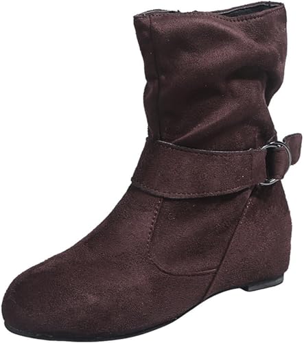 Brand Women's Casual Ankle Boots - Flat Fringe Mid Calf Low Heel Fashion Slouchy Suede Round Toe Slip On Zipper Booties for Winter Fall Dress Short Boots Comfort Outdoor Snow Boots4