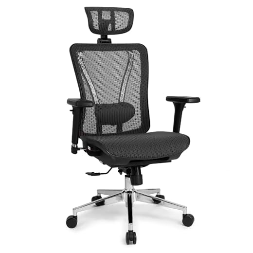Cadeira Office DT3 Moira Black, ergonomica com revestimento Mesh Vidartex™, estrutura em alumínio, apoio de cabeça 3D, braços 3D, apoio lombar almofadado, suporta até 130kg e altura máx. de 1,85m