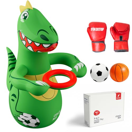 Finditop Giant Inflatable Dinosaur Toys for Boys - 47 Kids Punching Bag & Basketball Soccer 3-in-1 Active Play Games - Heavy Duty Bop Bag Toys for Toddler Birthday Gift - 3 4 5 6 7 8 Year Olds