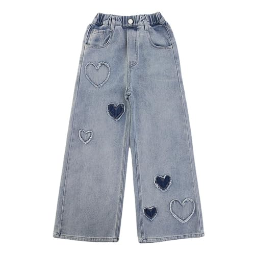 Kids Heart Patchwork Baggy Pants Wide Leg Elastic Waist Jeans Girls Straight Leg Casual Denim Trousers with Pokets