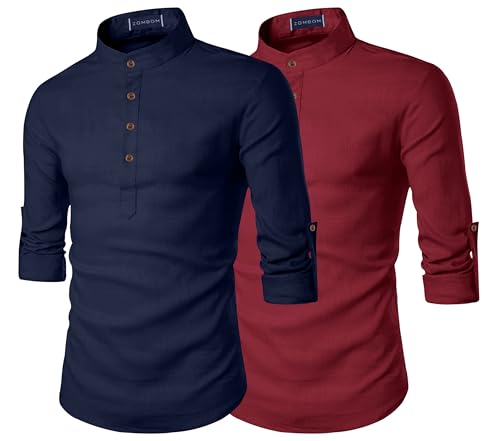 Image of Zombom Men's Combo Cotton Polyester Blend Solid Full Sleeve Straight Regular Fit Mandarin /Chinese Collor Kurta (Pack of 2)