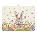 Easter Egg Bunny Dish Drying Mat for Kitchen Counter Spring Floral Flower Drying Mats 18x24 Inch Spring Easter Absorbent Dish Pad Spring Summer Holiday Reversible Draining Racks Mat for Countertop