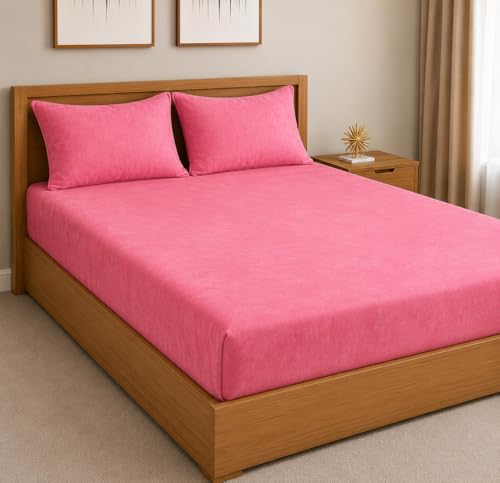 Image of Warm Flannel (Flano) King Size 345 TC Winter Fitted Bedsheet | All Side Elastic Premium Winter Soft Velvet Furnishing Bed Sheet with 2 Big Pillow Cover Size - 72 x 78 X 8 Inches Solid Pink