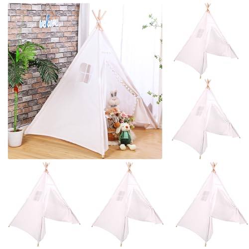 Windyun 6 Pcs Kids Teepee Tent Foldable Washable Indoor Outdoor for Boys Girls Toddler Boho Sleepovers Birthday Pajama Party Spa Supplies(63 Inch,White)