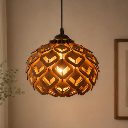 Image of Wood Pinecone Pendant lamp, Wooden Ceiling lamp, Wooden Hanging lamp handicrafted Home decore Chandelier Light (Lotus 1S)