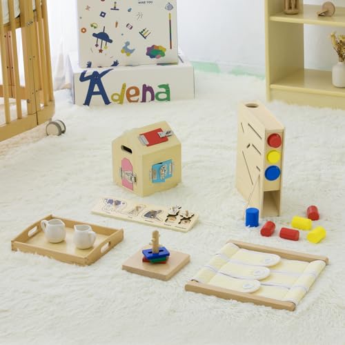 Image of Adena Montessori Play Kit for 19-21 Months Baby,7 in 1 Learning Educational Toys for Toddler,Include Matching and Sliding Cylinder Chute,Dressing Frame and More,Christmas Birthday Gift for Boys Girl