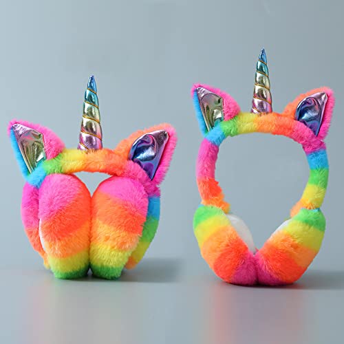 Foldable Winter Unicorn Earmuffs Women Faux Fur Ear Warmers With Cute Sequins Ears Ear Cover Girls (Rainbow Colorful), One Size #TOP2