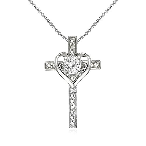 Sterling Silver White Topaz Cross Heart Pendant Necklace for Girls, Teens or Women