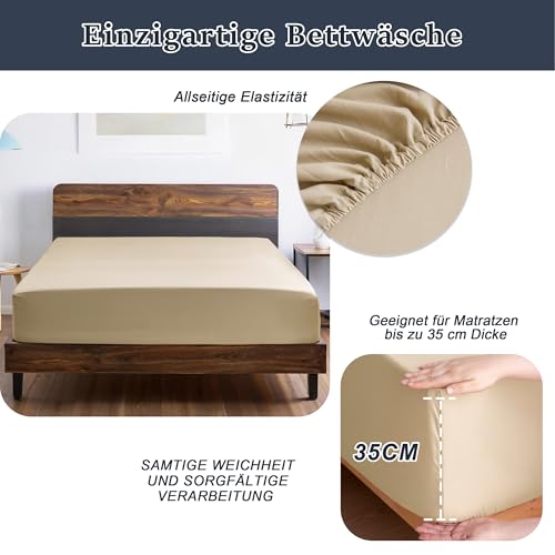 HIG Bettdecken Set, 2X Steppdecke 135x200 cm und 2X Kissenbezügen 80x80 cm + 2X Spannbettlaken 90x200cm, Grün/Sand