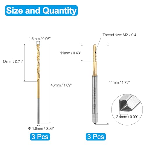 QUARKZMAN Gewindebohrer und Bohrer Set, M2 x 0.4 Metrische Spiralpunktgewindeschneidbohrer & 1,6mm Spiralbohrer, Titanbeschichteter HSS-6542 Gewindeschneidwerkzeugsatz, 3 Stück