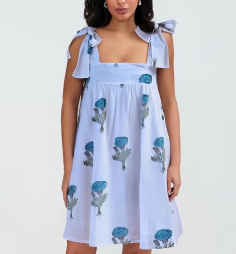 Image of Women Floral Tie Shoulder Mini Dress Cute Square Neck Loose Fit Beach Short Dress Backless Boho Vocation Sundress